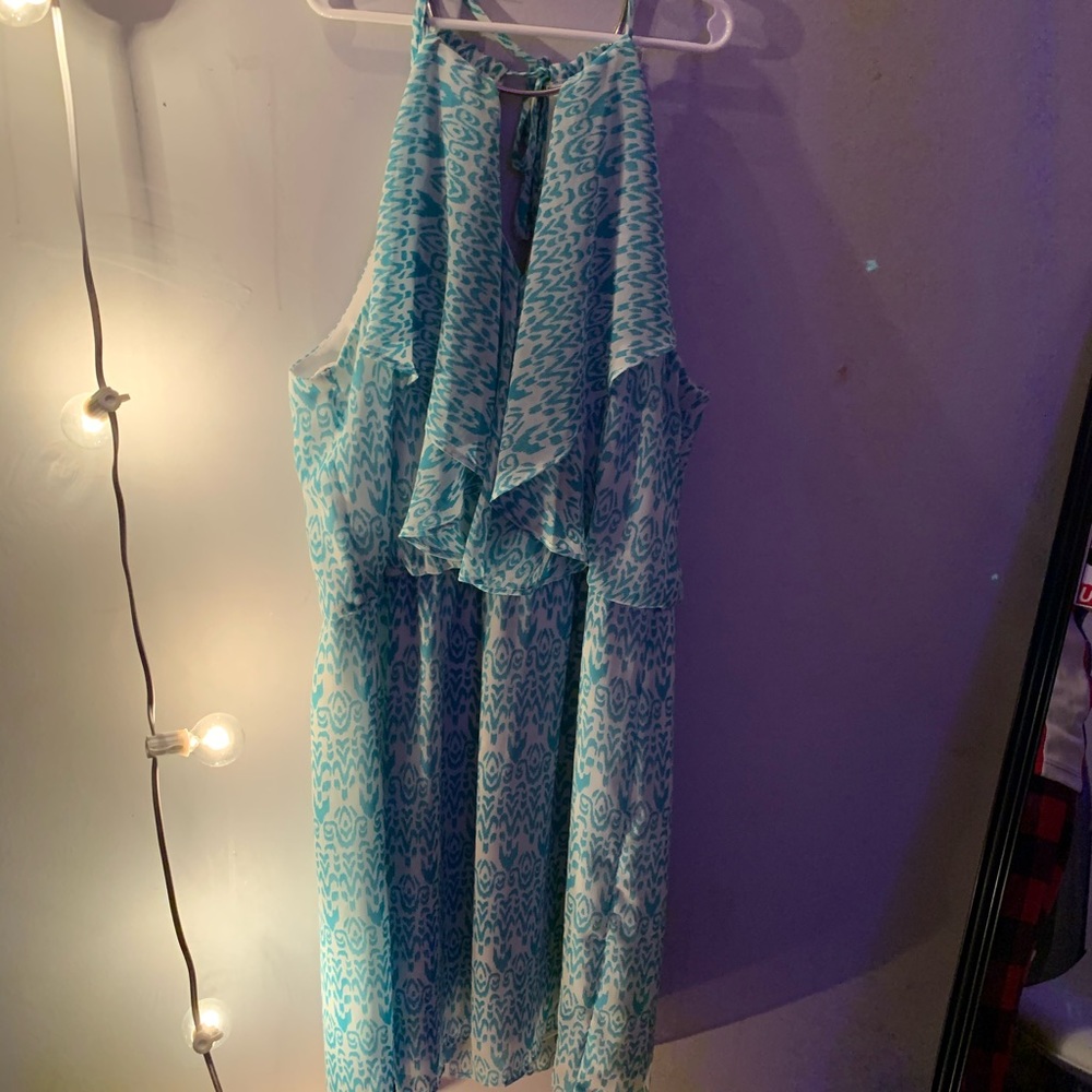 Teal dress with ruffle and neck line